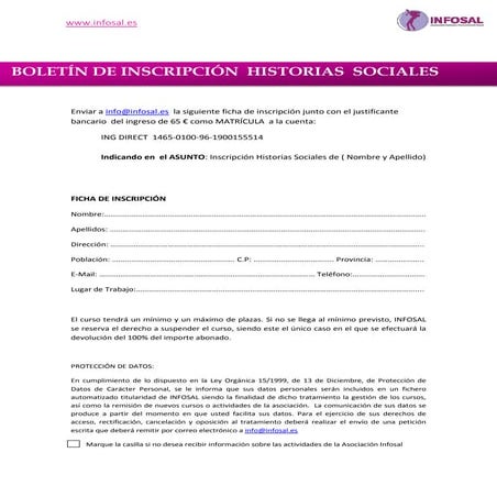 Boletín de inscripción taller Historias sociales, Infonsal