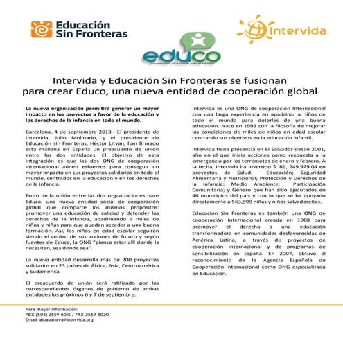Boletín de prensa fusión intervida y educación sin fronteras | PDF