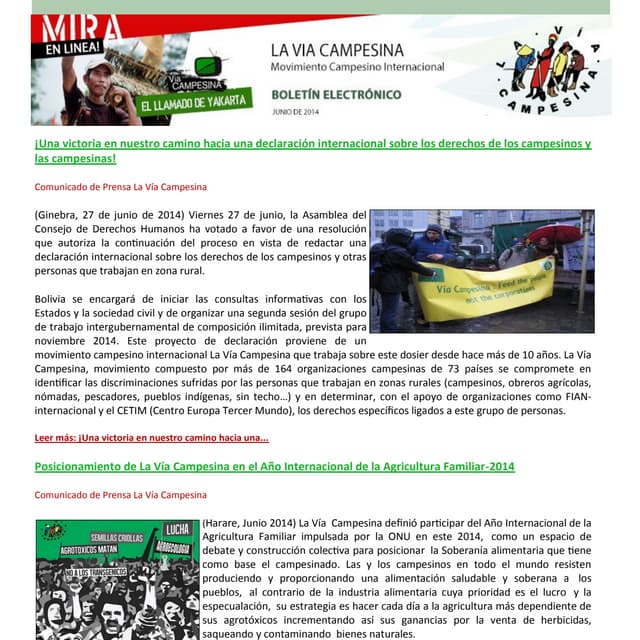 Boletín electrónico la Via Campesina junio del 2014