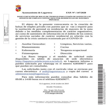 Bolsa de trabajo para cubrir puestos residencias privadas