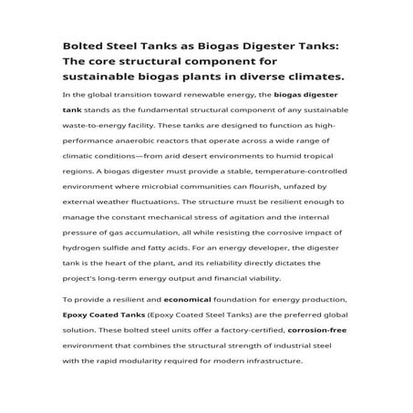 Bolted Steel Tanks as Biogas Digester Tanks The core structural ...