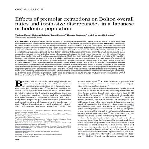 Impact of Premolar Extractions on Bolton Ratios and Tooth-Size ...