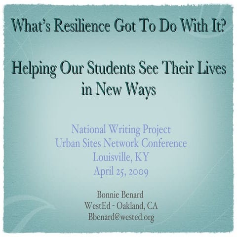 Bonnie Benard: Keynote at 2009 Urban Sites Network Conference