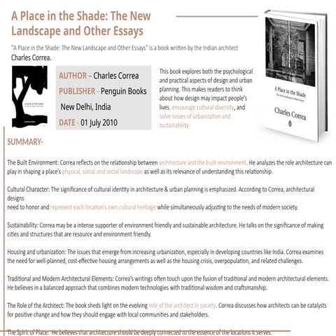 Charle Corea  Book- a place in the shade