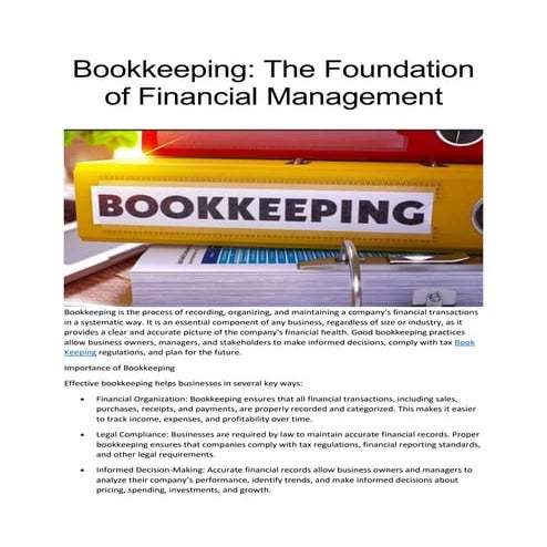 Book Keeping The Foundation of Financial Management