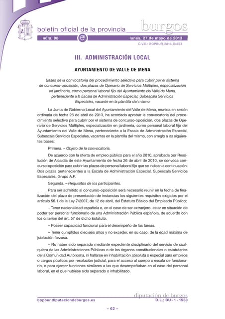 Bases para la plaza de Operario Servicios Múltiples - Jardinería (2013)