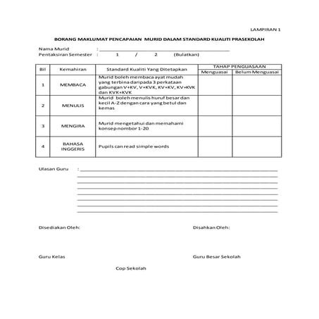 BORANG MAKLUMAT PENCAPAIAN  MURID