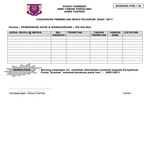 Borang pss 18 cadangan pembelian buku oleh panitia | DOC