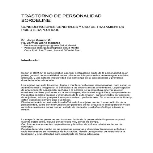 Bordelin econsideraciones y uso psicoterapeutico