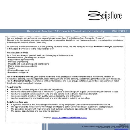 Business Analyst / Financial services or Industry (Beijaflore - Brussels)