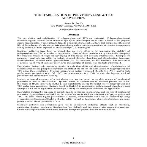 The Stabilization of Polypropylene and TPO:  An Overview
