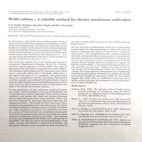 Bottle culture: A suitable method for oyster mushroom cultivation