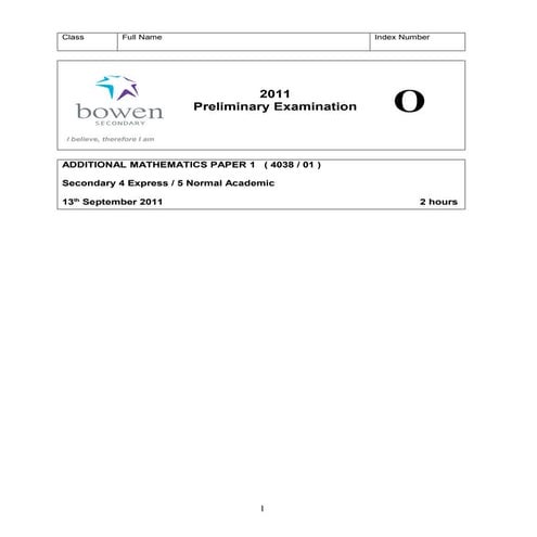 Bowen prelim  a maths p1 2011 with answer key