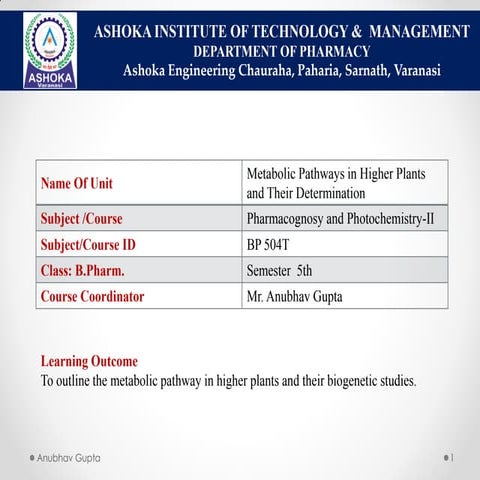Pharmacognosy BP504T UNIT 01 PART 1 Metabolic Pathways in Higher Plants
