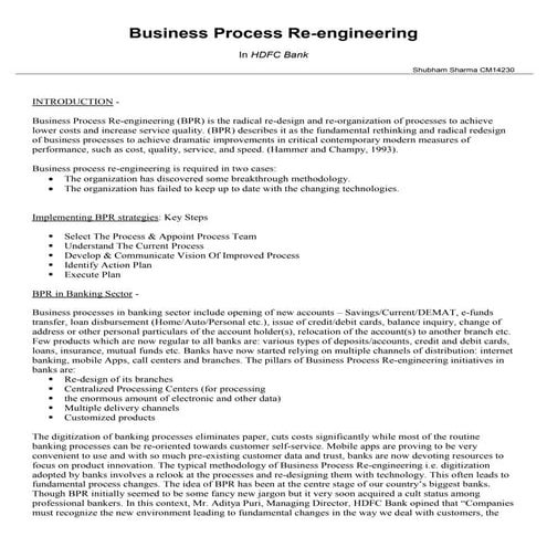 Business Process Re-engineering in HDFC Bank