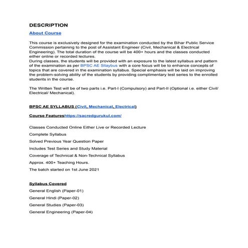 Bpsc ae syllabus (civil, mechanical, electrical)