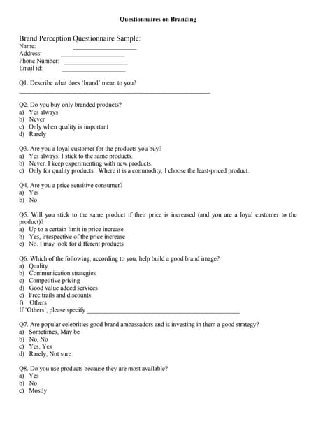 Brand questionnaire