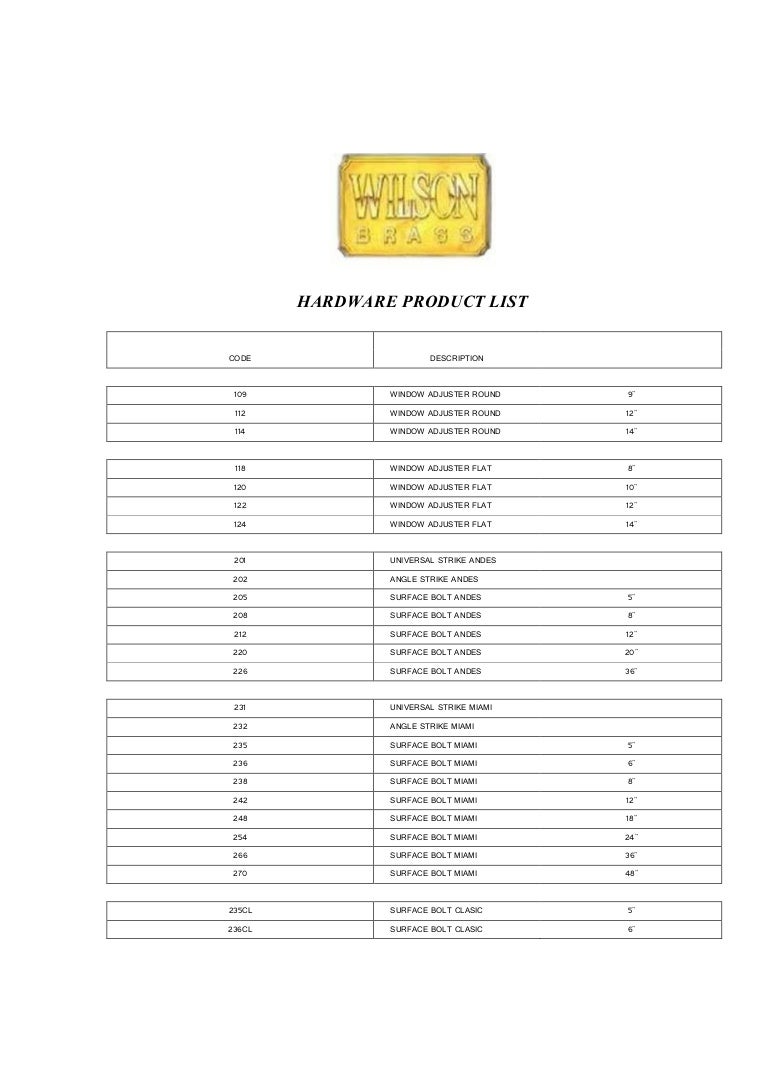 Brass Hardware List Codes