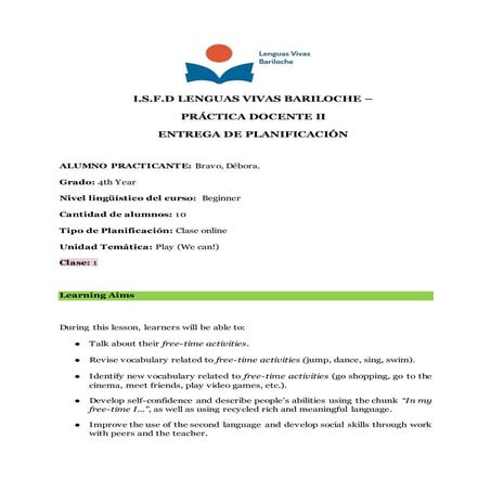 Bravo Débora - Unit 1 - Lesson plans- pass