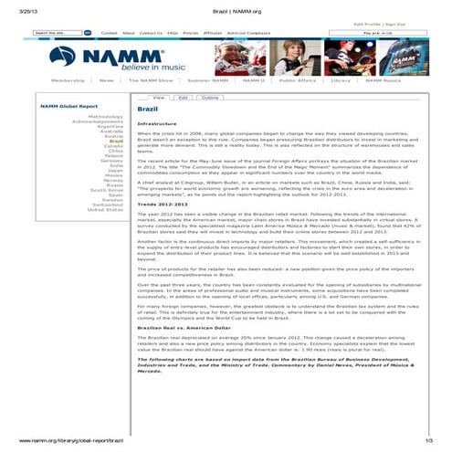 Brazil 2012 Global Report NAMM - Musical Instruments Market South America