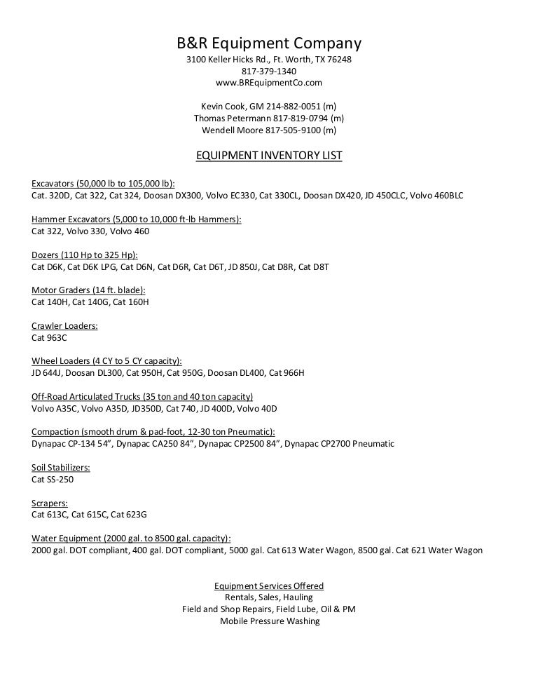 B&R Equipment Rental equipment List 2nd qtr 2015
