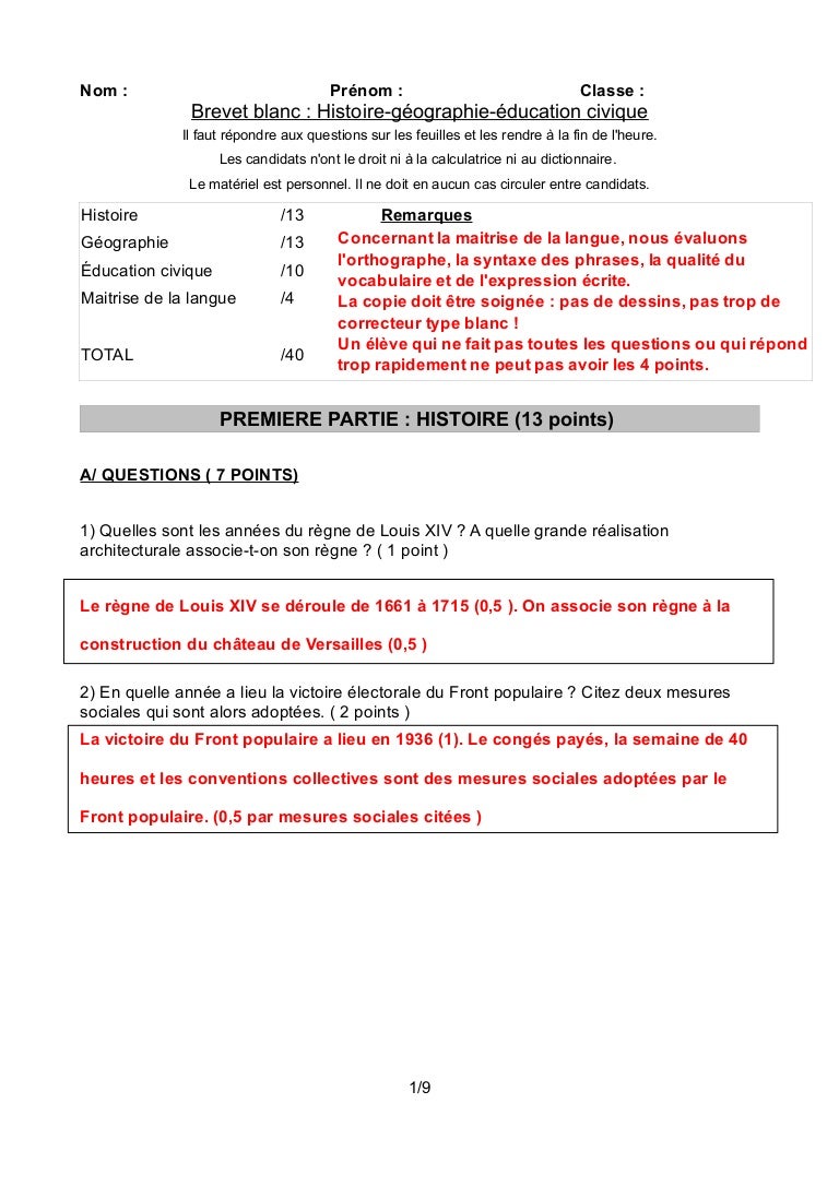 Brevet Blanc Français Entrainement Avec Corrigé