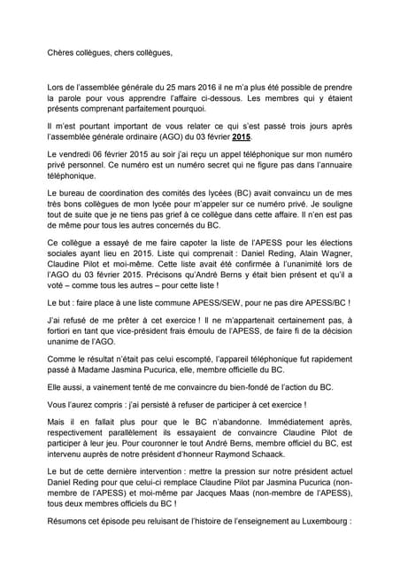 Brief von APESS-Vizepräsident Alain...