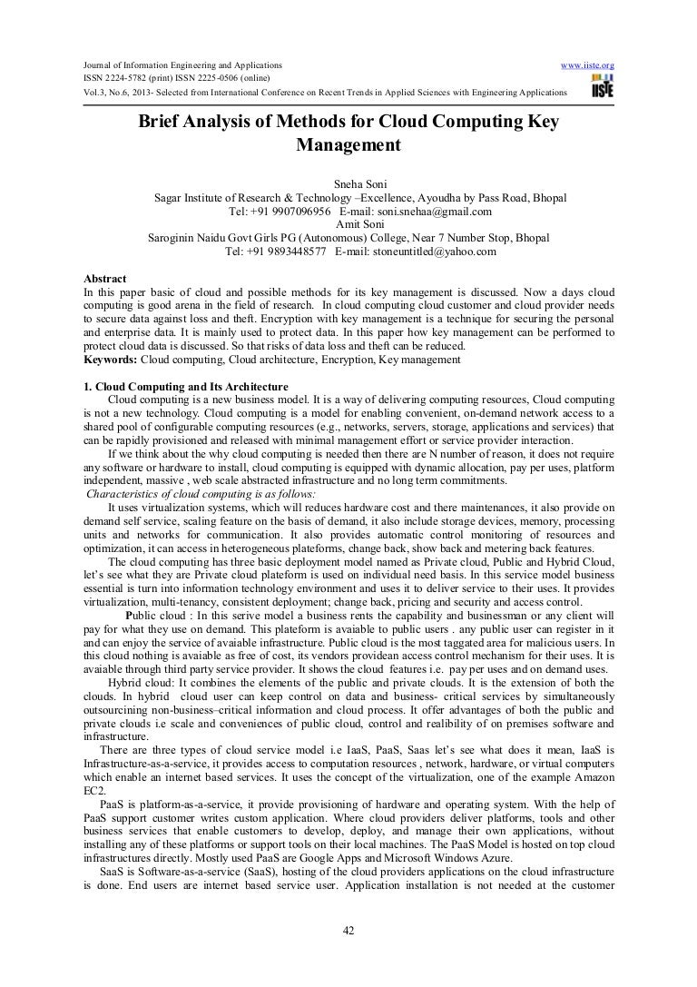 Brief analysis of methods for cloud computing key management