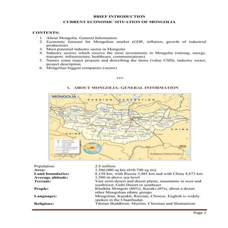 Current economic situation of Mongolia - Brief Introduction