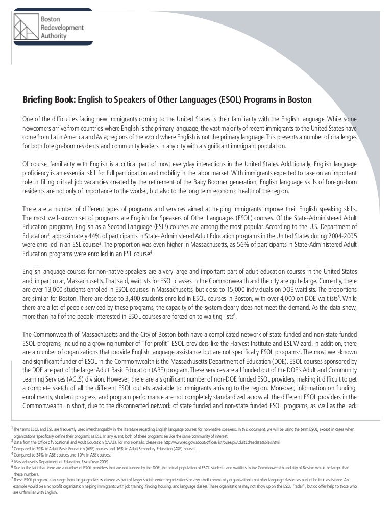 Briefing Book English to Speakers of Other Languages (ESOL) Programs…