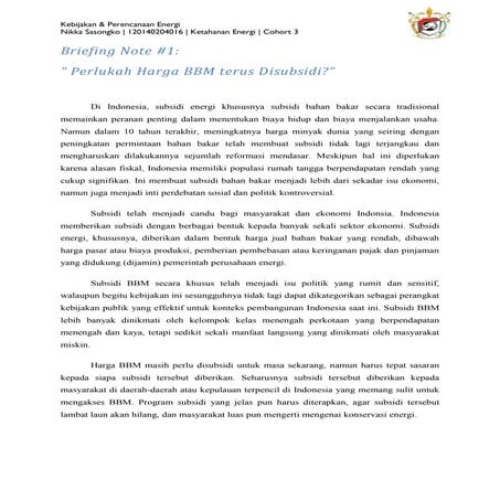 Briefing Note & Rekomendasi Subsidi Bbm