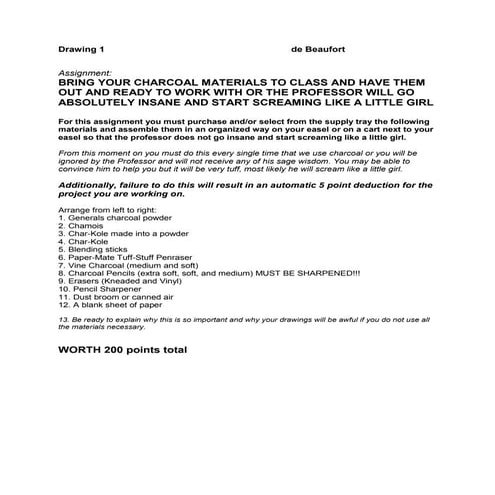 Bring Your Charcoal Materials to Class!! (Drawing 1)