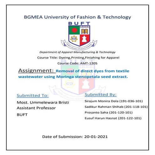 Assignment: Removal of direct dyes from textile  wastewater using Moringa ste...