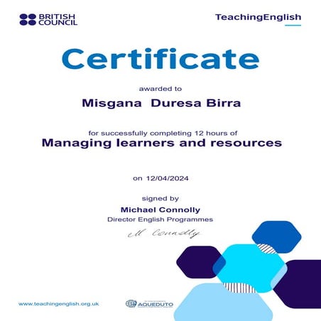 Certificate awarded on Training (online courses) by British Council | PDF