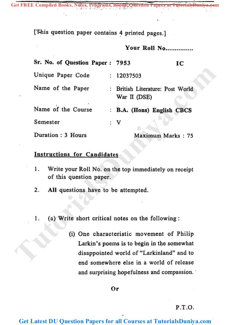 British Literature Post World War Ii Question Paper 2018 Tutorial