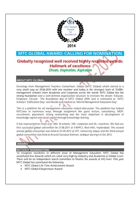 Brochure  MTC Global award nomination-2014. Closes on 31.03.2014