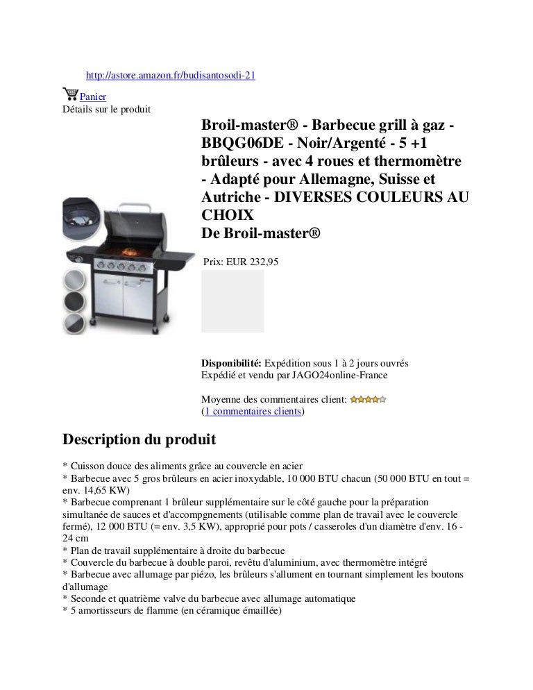 Broil master® barbecue grill à gaz bbqg06 de noir Broil master® barbecue grill à gaz bbqg06 de noir