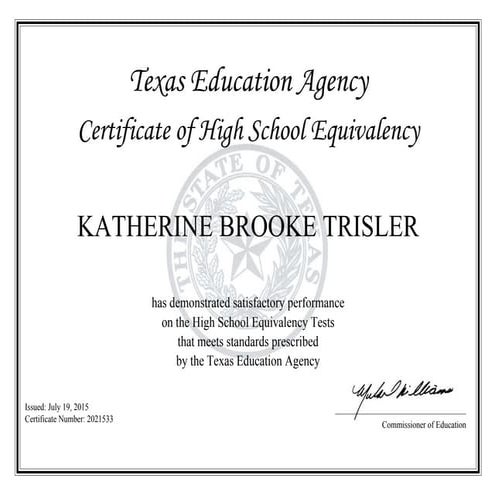 Brooke's GED certificate