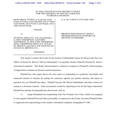 Brown reply memo support motion to dismiss