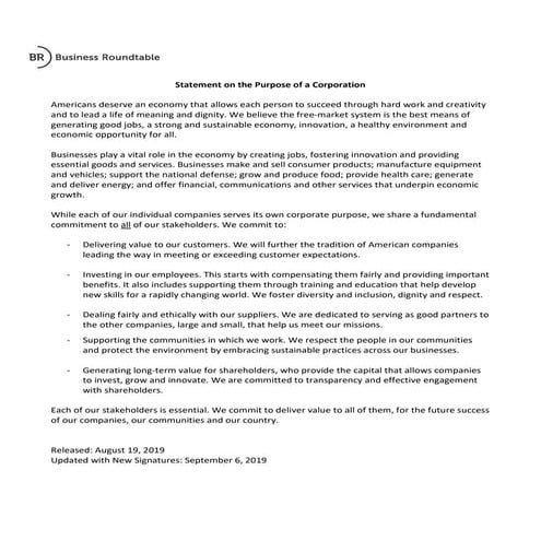 Business Roundtable statement on the purpose of a corporation