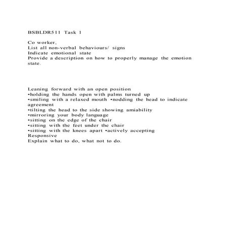 BSBLDR511 Task 1 Co worker, List all non-verbal behaviours 