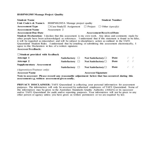 Bsbpmg505 manage project quality