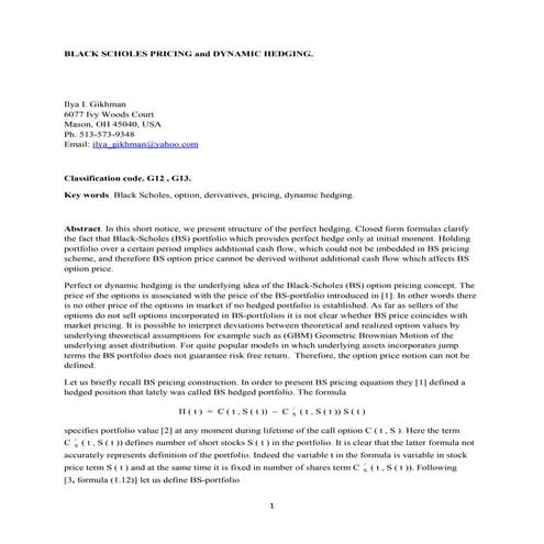 BS concept of the Dynamic Hedging