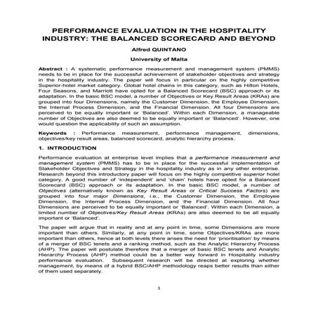 Bsc performance evaluation in hospitality industry (alfred quintano)