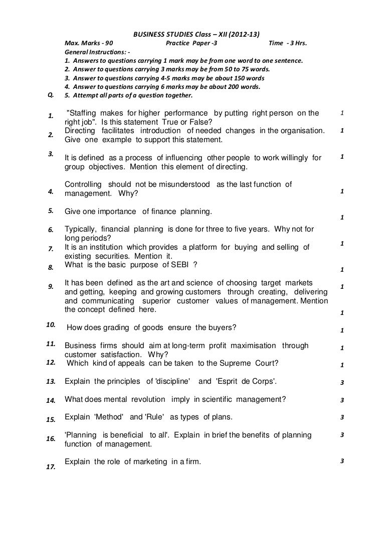 Business Studies Practice Paper 3