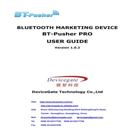 BlueTooth Marketing Device BT-Pusher PRO User Guide | PDF