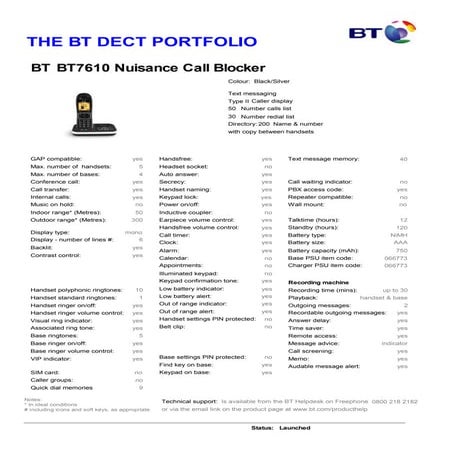 BT 7610 Telephones Specification Sheet from Telephones Online | PDF