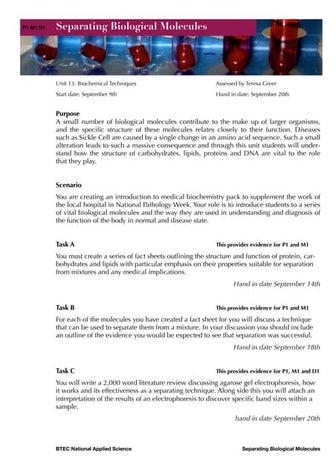 Btec National Unit 13 Separating Biological Molecules Assignment Details