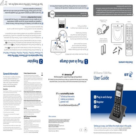 BT Diverse 7100 Cordless Phone Quick Start