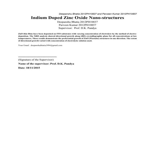 Zinc Oxide Nano Structures